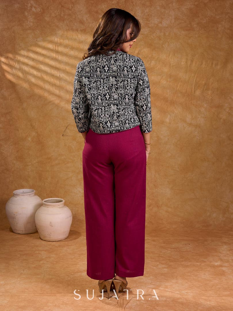 Deep wine cotton straight pants with a clean, streamlined silhouette, offering breathable comfort and a refined, versatile look for effortless everyday styling.