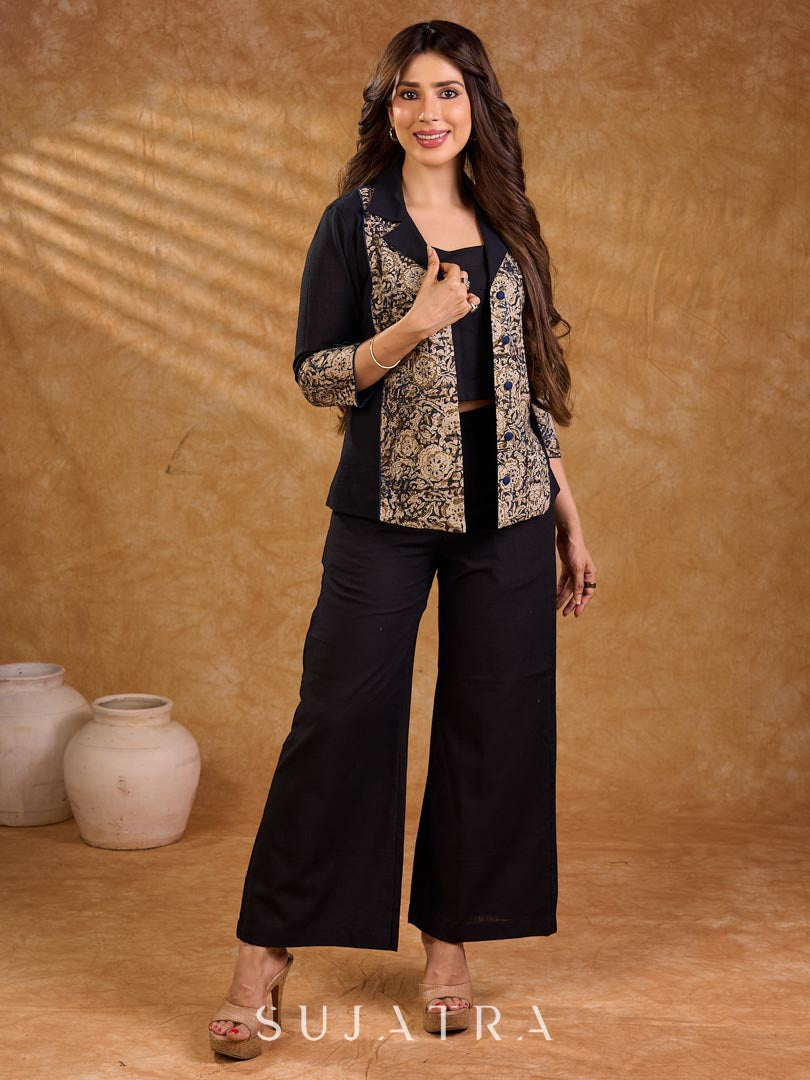 Elegant black and navy Kalamkari jacket featuring a notch collar and subtle navy accents, creating a graceful, tailored silhouette suited for polished corporate wear.