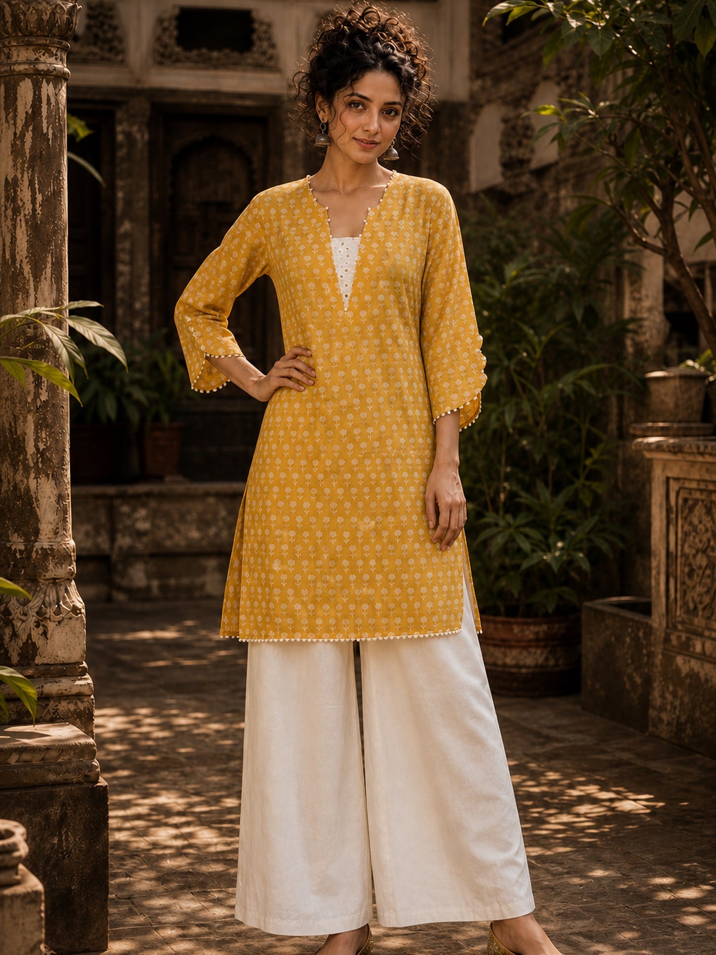 Radiant Mustard All-Over Booti Print Viscose Short Kurta with Pearl Studded Neckline & Hakoba Yoke