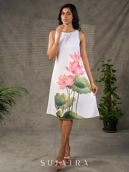 Graceful White lotus printed dress with elegant olive accents.