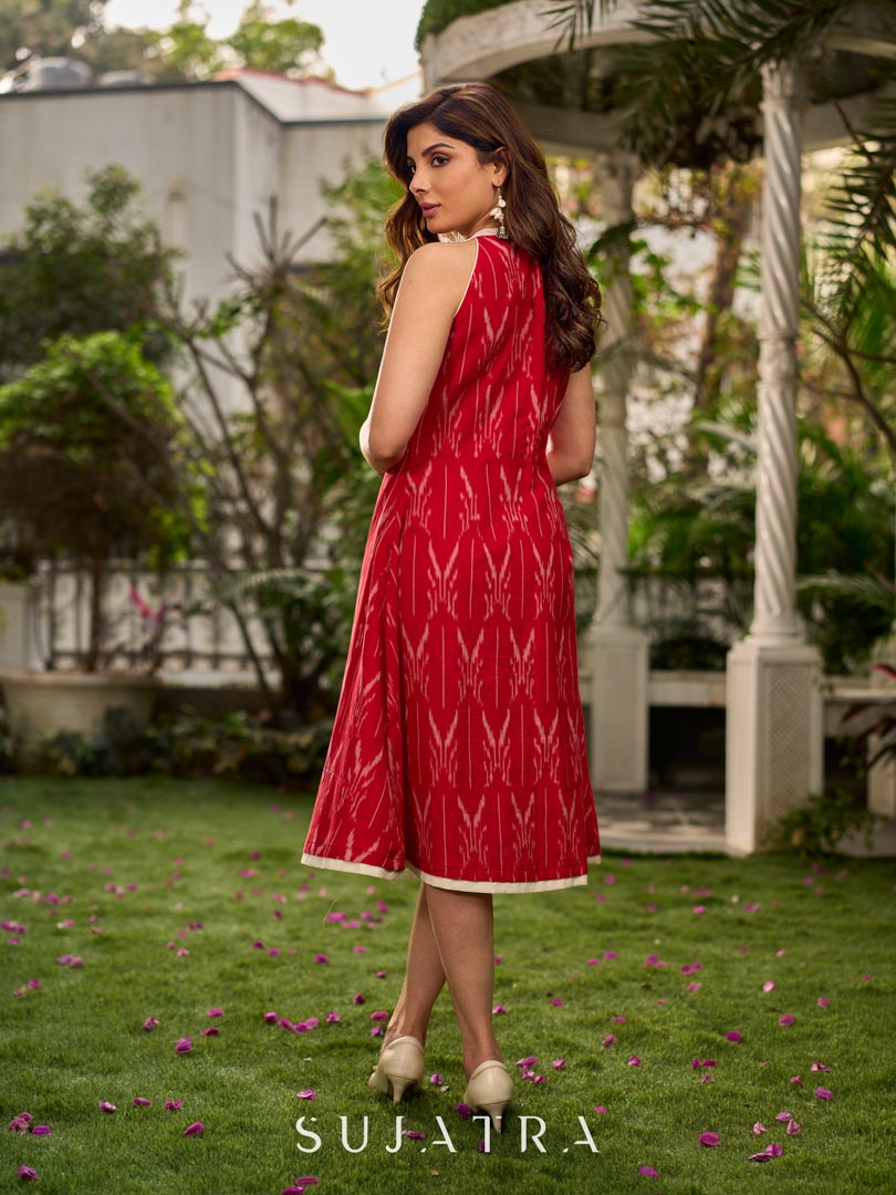 Statement red Ikat halter-neck dress accented in white, designed with a box pleat at the neckline for fluid drape.
