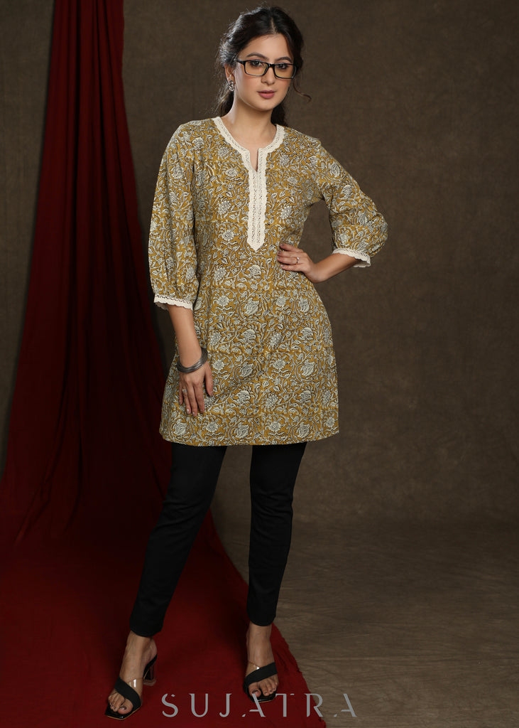 Casual mustard cotton printed tunic highlighted with beautiful lace