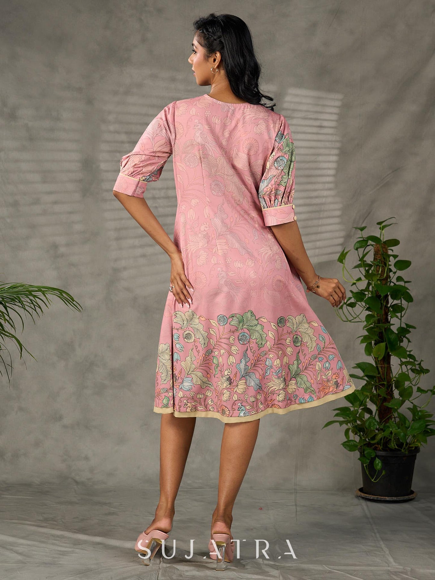 Blush pink Kalamkari printed dress with elegant pleated detailing