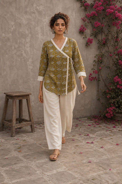 Mustard Jaipur cotton wrap-style Angarkha top with off-white Hakoba cuffs and graceful contrast accents.