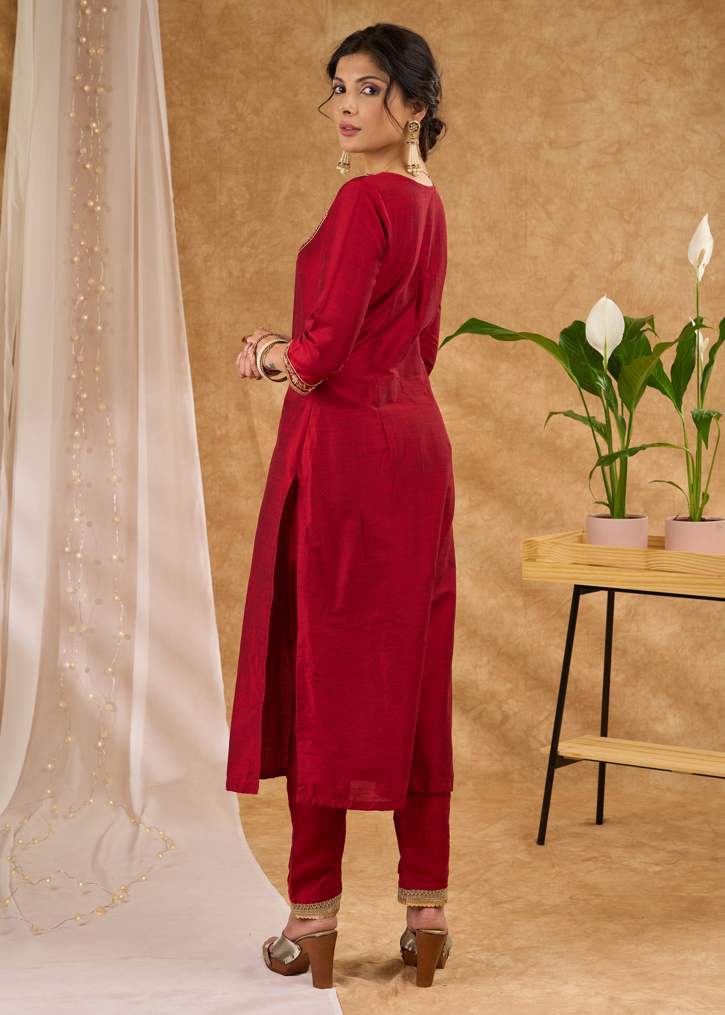 Graceful hand embroidered maroon cotton silk kurta and pant - Dupatta optional