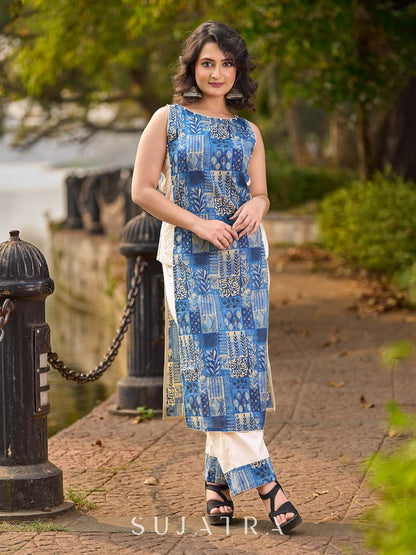 Indigo Abstract Printed Kurta with Side Cut Panels, Hakoba Inserts and Pearl Embellishments