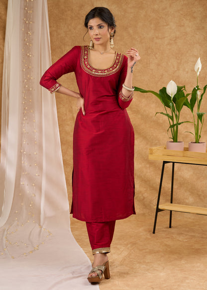 Graceful hand embroidered maroon cotton silk kurta and pant - Dupatta optional