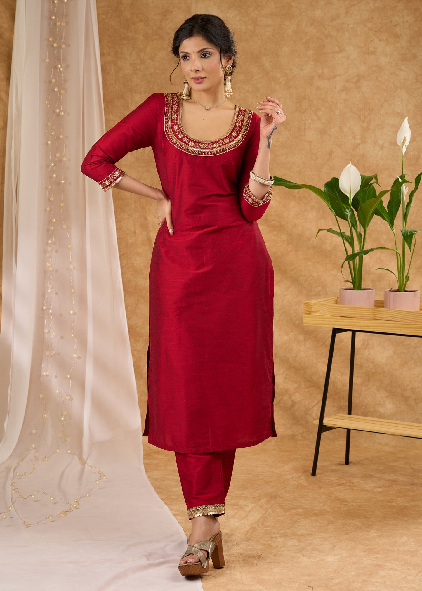 Maroon Cotton Silk Pant