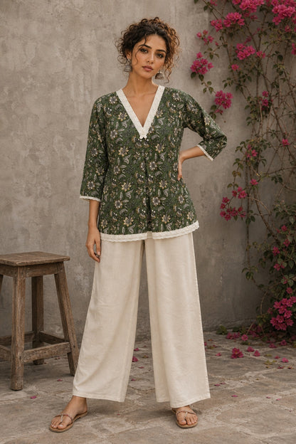 Earthy deep olive Jaipur floral top featuring box-pleated sleeves and delicate Hakoba accents for timeless elegance.