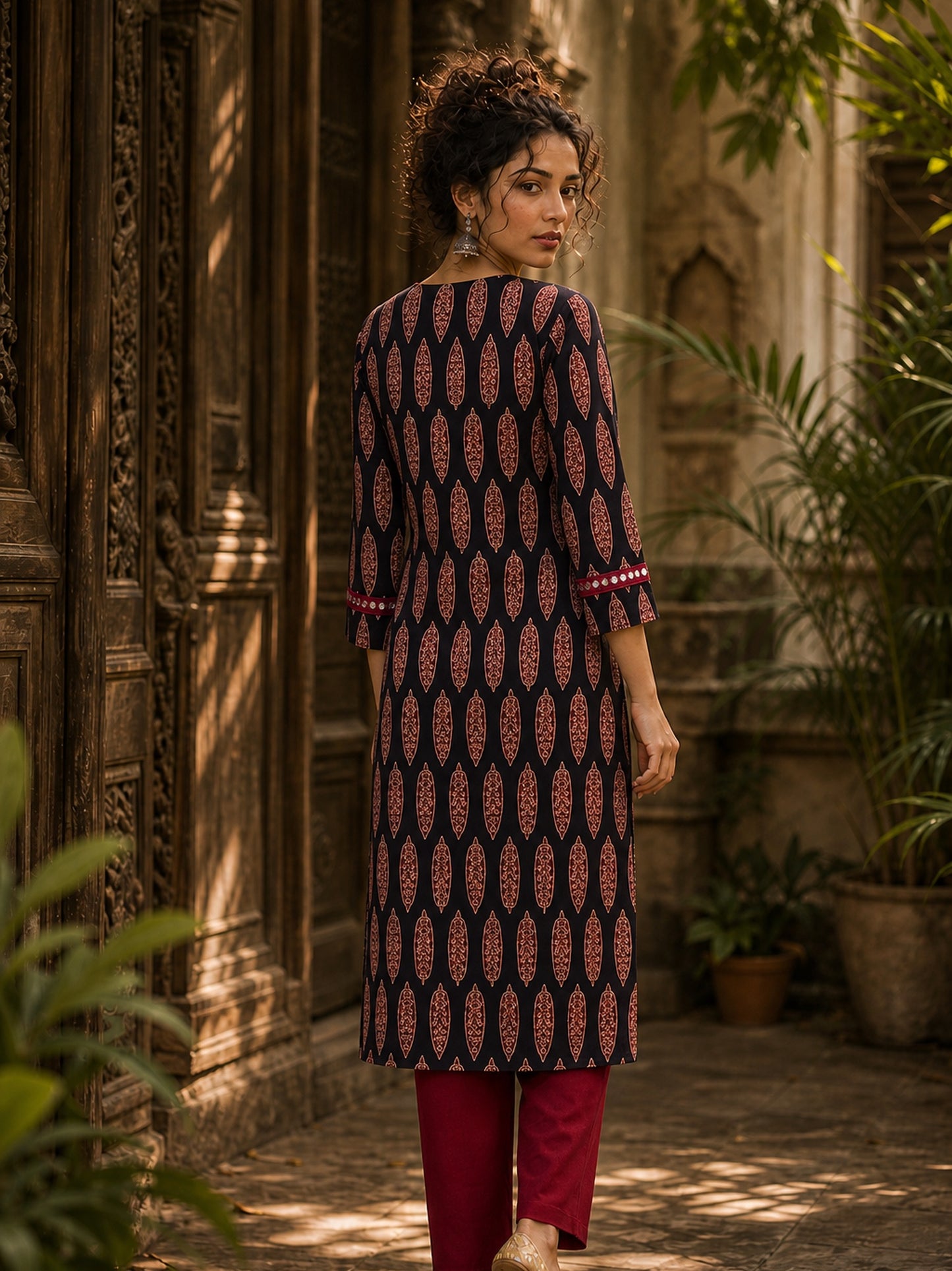 Striking Black Ajrakh Block Print Straight Kurta with Bold Maroon Collar & Mirror Cuff Accent