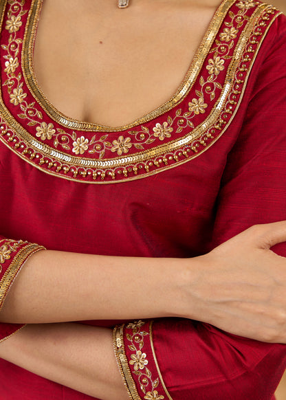 Graceful hand embroidered maroon cotton silk kurta and pant - Dupatta optional