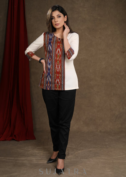 Trendy Off White Cotton Ikkat Combination Top