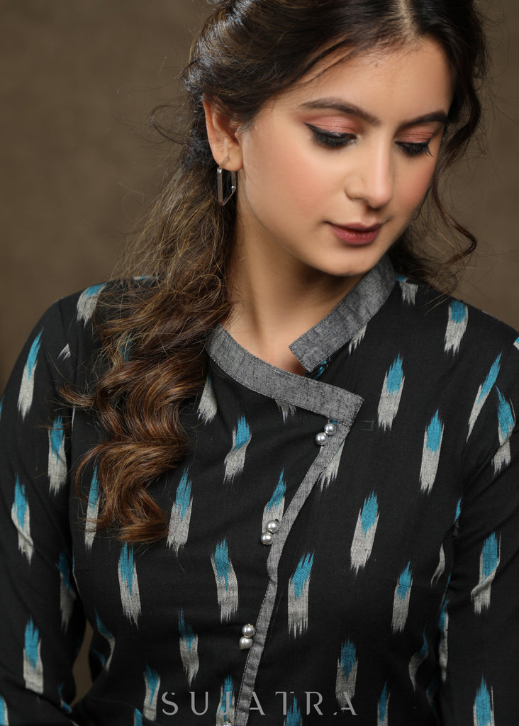 Black Ikat Assymtrical neck tunic with contrast grey detaling