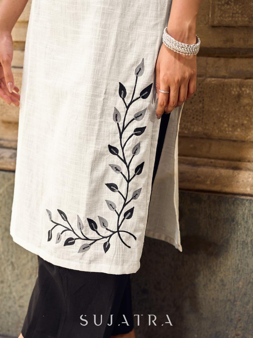 Classic White Cotton Kurta Featuring Black Leaf Vine Embroidery & Printed Sleeve Detail