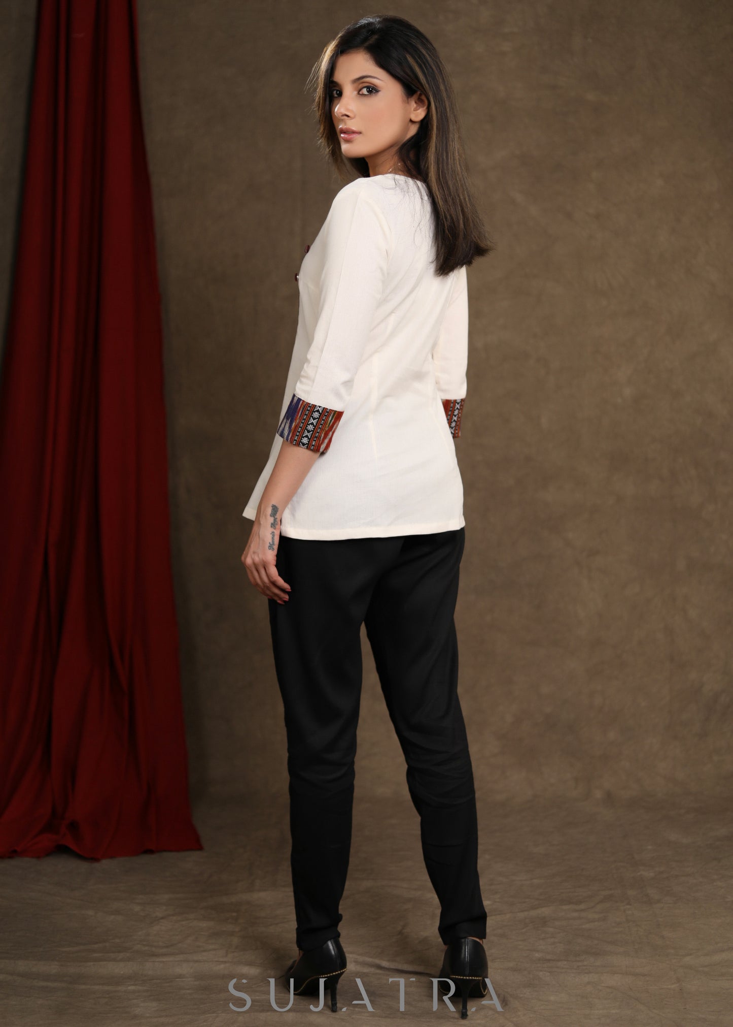 Trendy Off White Cotton Ikkat Combination Top