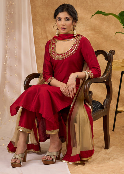 Graceful hand embroidered maroon cotton silk kurta and pant - Dupatta optional