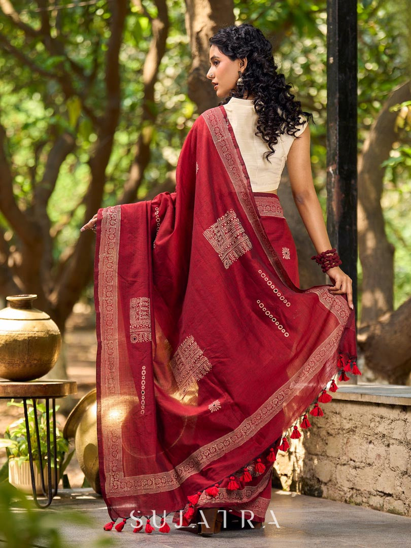 Chic Maroon Cotton Saree with Modern Abstract Hand Block Print