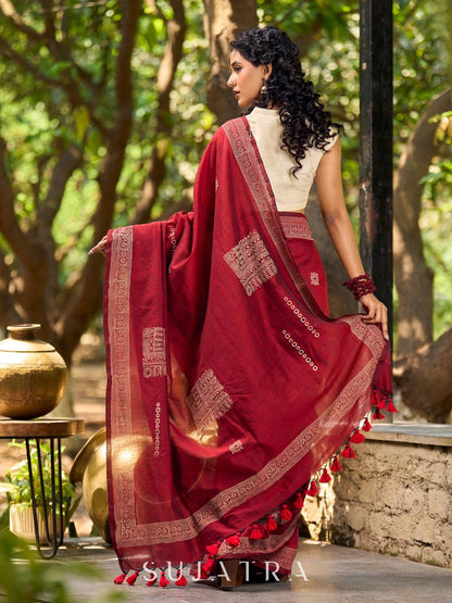 Chic Maroon Cotton Saree with Modern Abstract Hand Block Print
