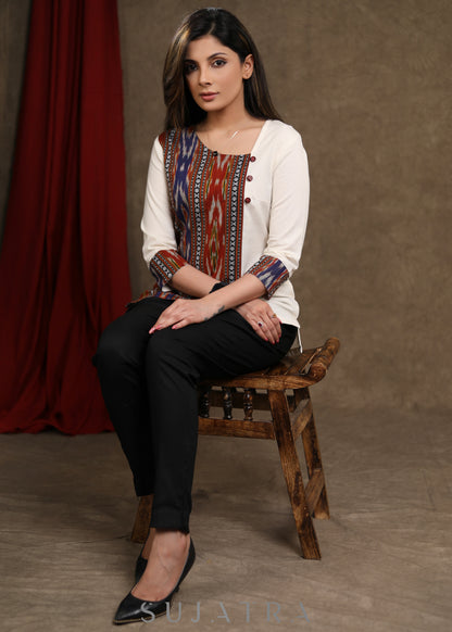 Trendy Off White Cotton Ikkat Combination Top