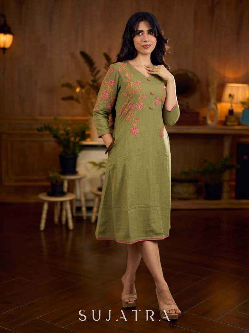 Muted pista hand block printed dress with delicate cascading hand block floral motifs and soft pink accents for a graceful, elegant, and refreshing everyday look.