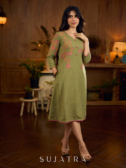Muted pista hand block printed dress with delicate cascading hand block floral motifs and soft pink accents for a graceful, elegant, and refreshing everyday look.