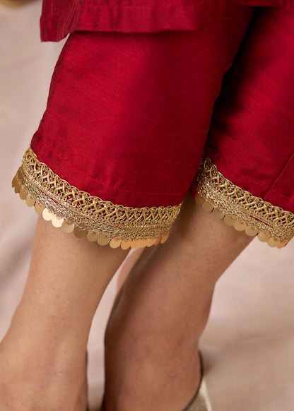 Graceful hand embroidered maroon cotton silk kurta and pant - Dupatta optional