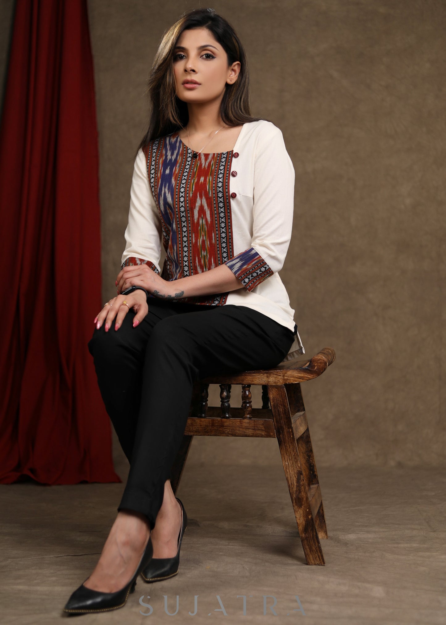 Trendy Off White Cotton Ikkat Combination Top