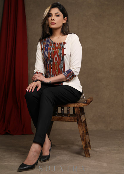 Trendy Off White Cotton Ikkat Combination Top