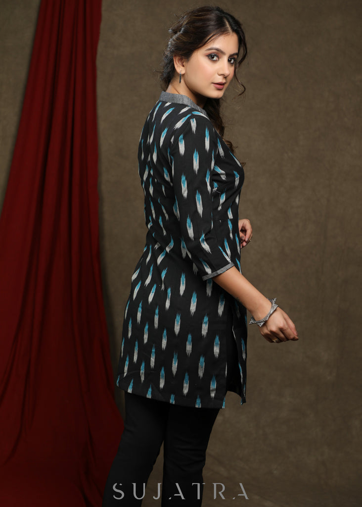 Black Ikat Assymtrical neck tunic with contrast grey detaling