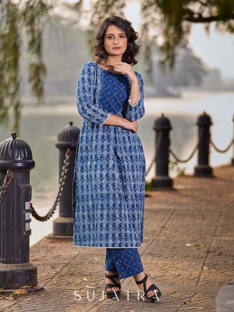 Indigo Printed Kurta with Statement Neck Patch, Flowing Gathers and Pearl Embellished Sleeves