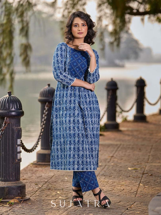 Indigo Printed Kurta with Statement Neck Patch, Flowing Gathers and Pearl Embellished Sleeves