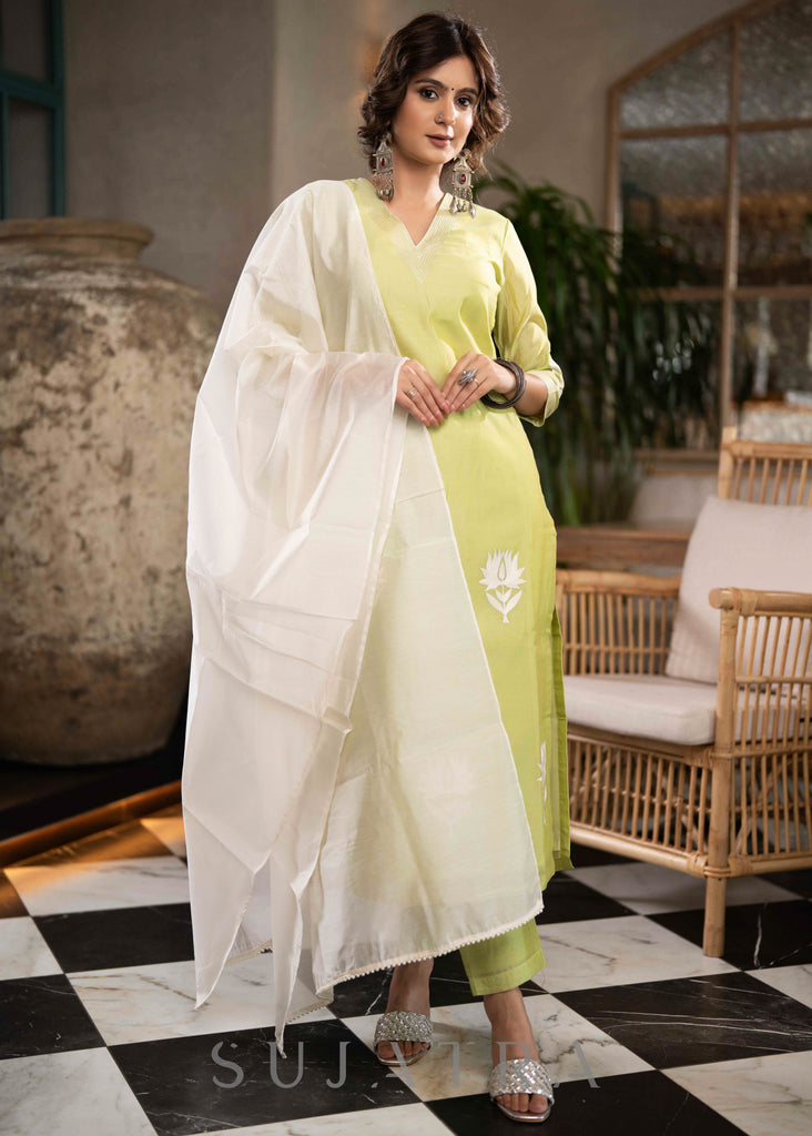 Elegant Lemon Chanderi Pant & Kurta With Off White Lotus Embroidery On Hemline & Sleeves - Dupatta Optional