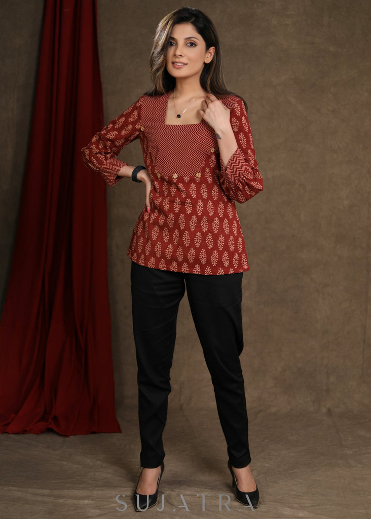 Trendy Maroon Cotton Ajrak Combination Top with cuff sleeves