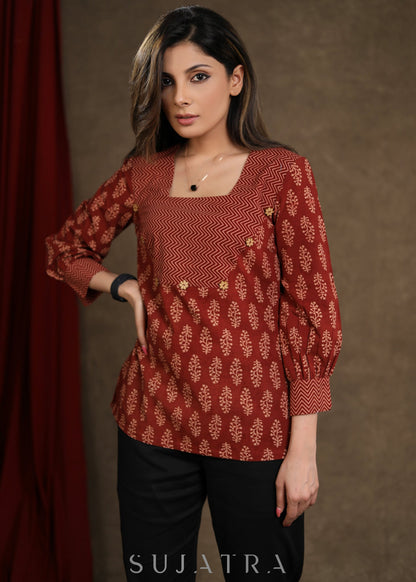 Trendy Maroon Cotton Ajrakh Combination Top with cuff sleeves
