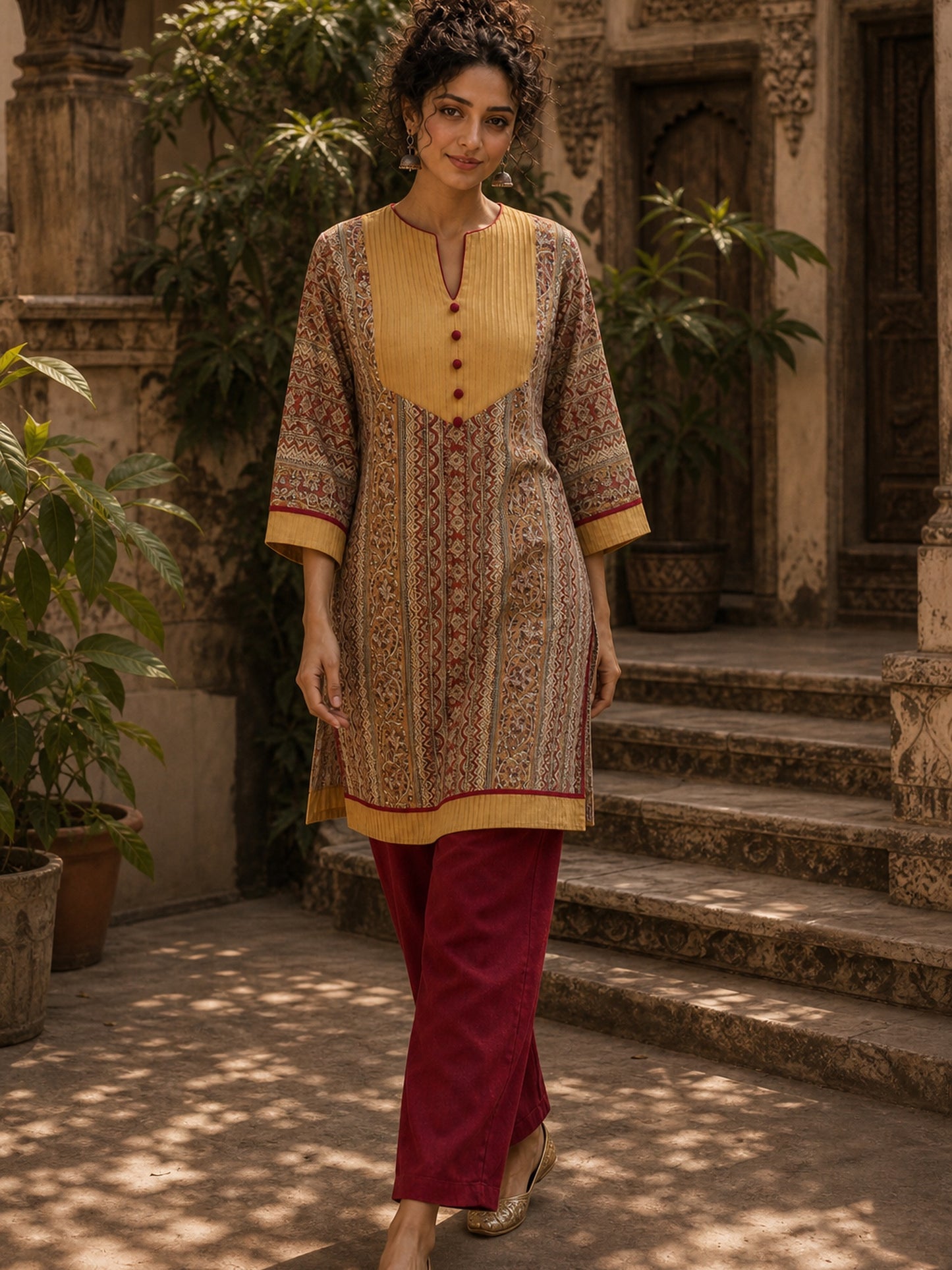 Mustard Geometric Print Short Kurta with Pin-Tucked Yoke & Contrast Maroon Button Detail