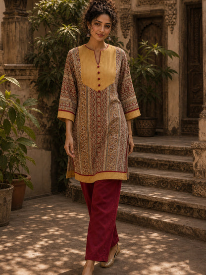 Mustard Geometric Print Short Kurta with Pin-Tucked Yoke & Contrast Maroon Button Detail
