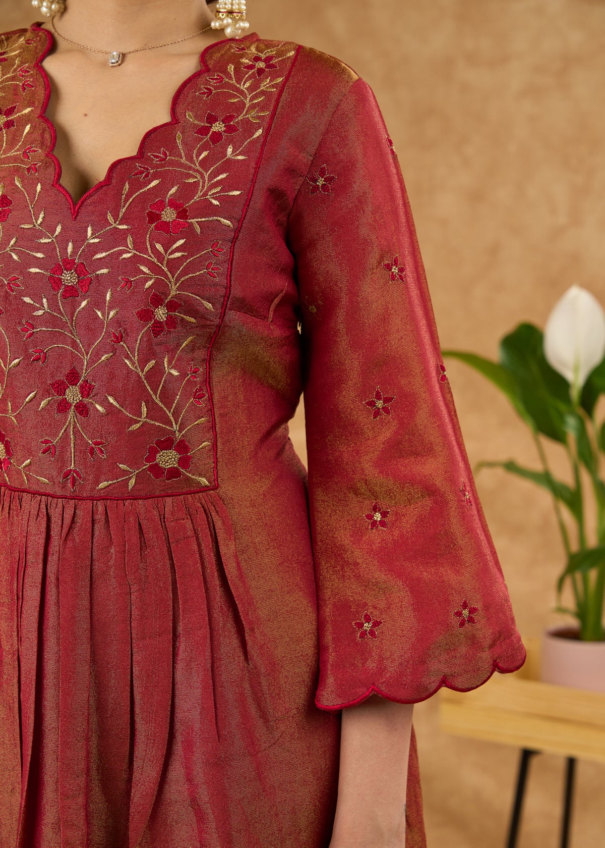 Dussehra Sale — Exclusive rust pure tissue kurta with intricate embroidery Pant Optional