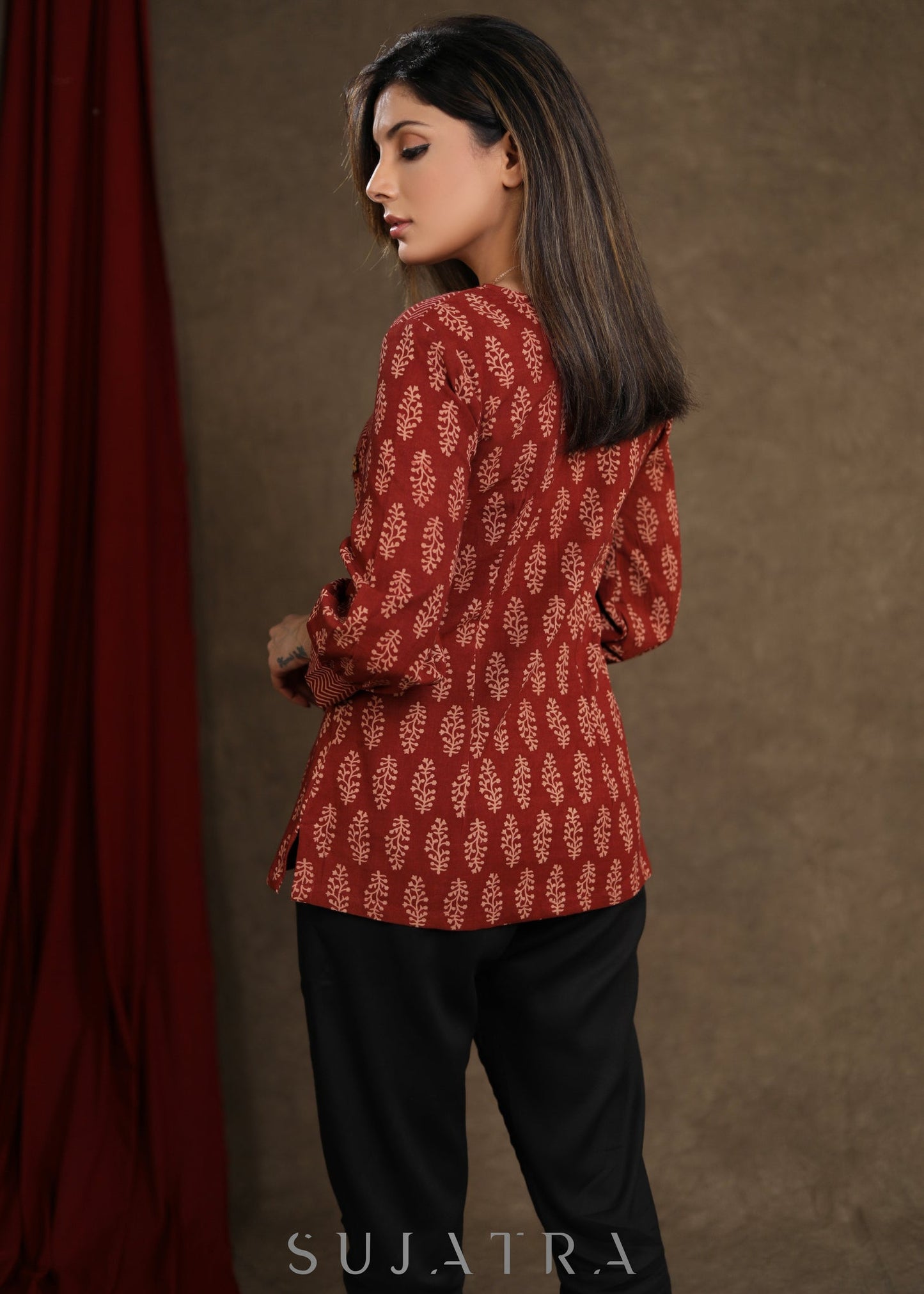 Trendy Maroon Cotton Ajrakh Combination Top with cuff sleeves