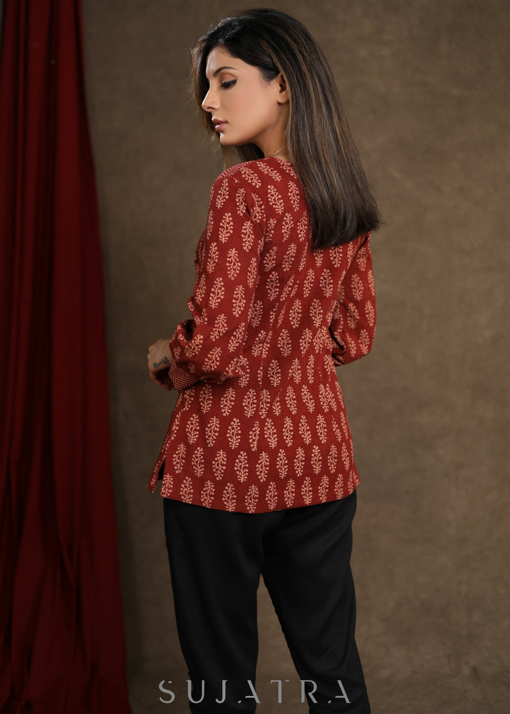 Trendy Maroon Cotton Ajrak Combination Top with cuff sleeves