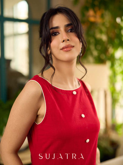 Vibrant red sleeveless dress with a bold off-white floral hand block print at the hem and clean off-white edging for a striking, handcrafted-inspired finish.