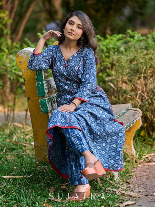 Indigo Printed A-Line Kurta with Waist-Defining Side Strings and Maroon Detailing