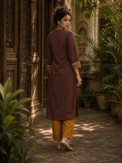 Earthy Brown Cotton Kurta with Statement Kalamkari Block Print Cuffs & Mustard Piping