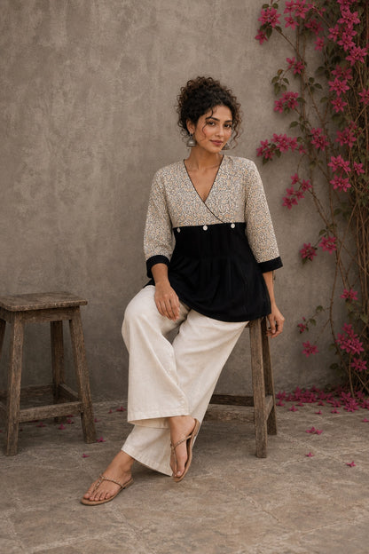 Black Jaipur floral printed yoke top featuring black pintuck body, three-quarter sleeves, and delicate ruffled sleeve edging.