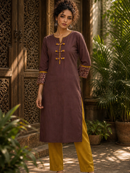 Earthy Brown Cotton Kurta with Statement Kalamkari Block Print Cuffs & Mustard Piping