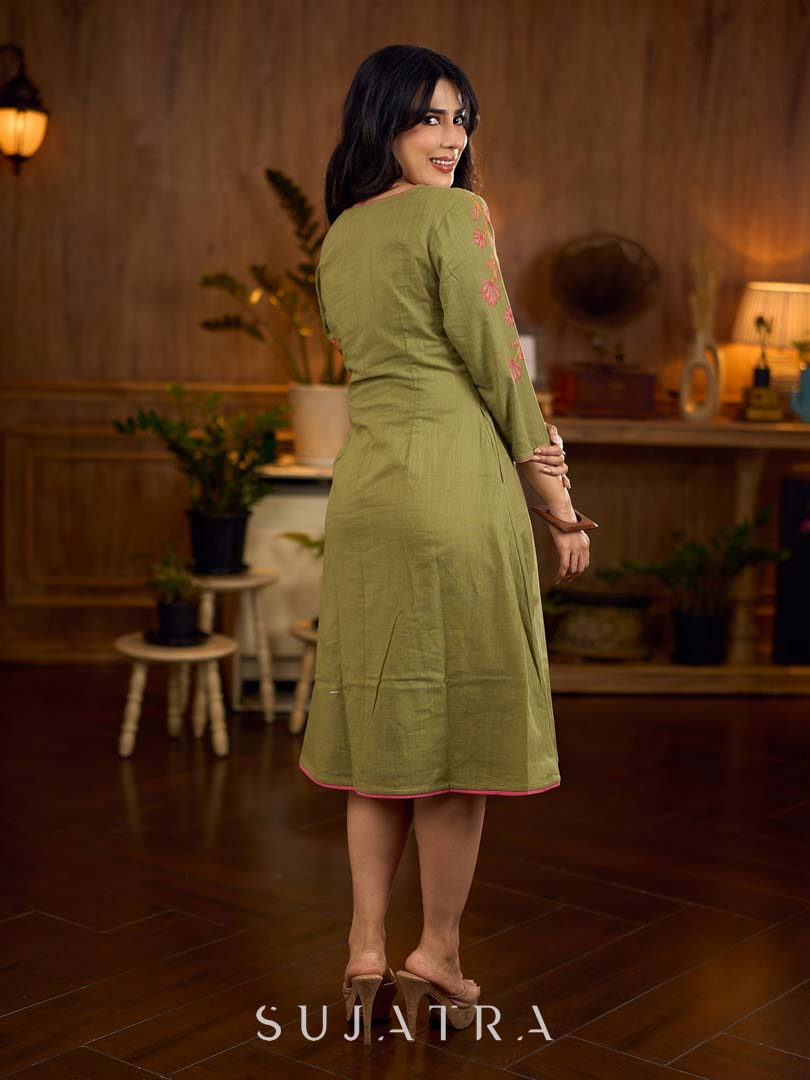 Muted pista hand block printed dress with delicate cascading hand block floral motifs and soft pink accents for a graceful, elegant, and refreshing everyday look.