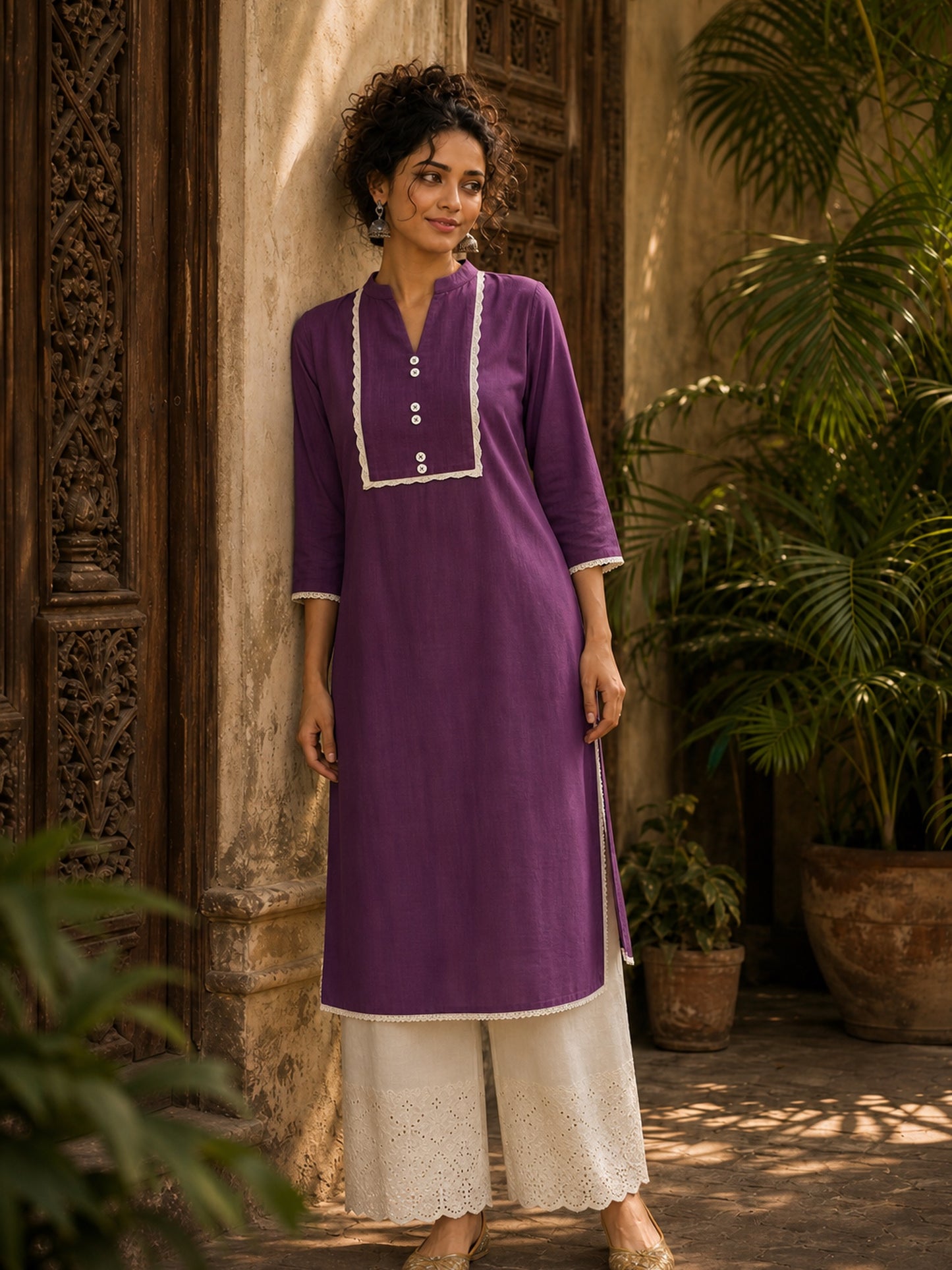 Deep Purple Kurta with White Crochet Lace Yoke Border & Sleeve Cuff Detail