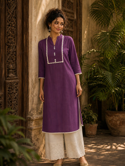 Deep Purple Kurta with White Crochet Lace Yoke Border & Sleeve Cuff Detail