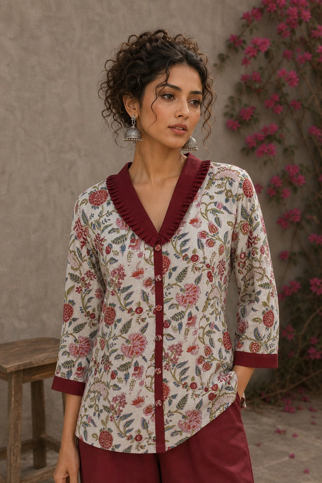 Soft white floral cotton top finished with maroon cuffs, pleated collar, and delicate feminine elegance. - Pant Optional