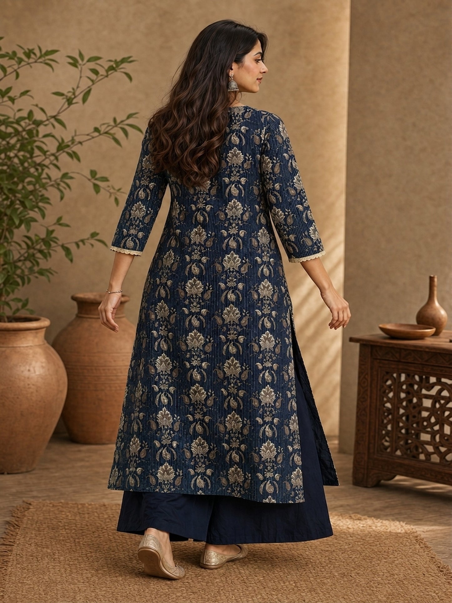 Navy Blue Kantha Printed Cotton Kurta with Asymmetric Neckline & Detailed Sleeves