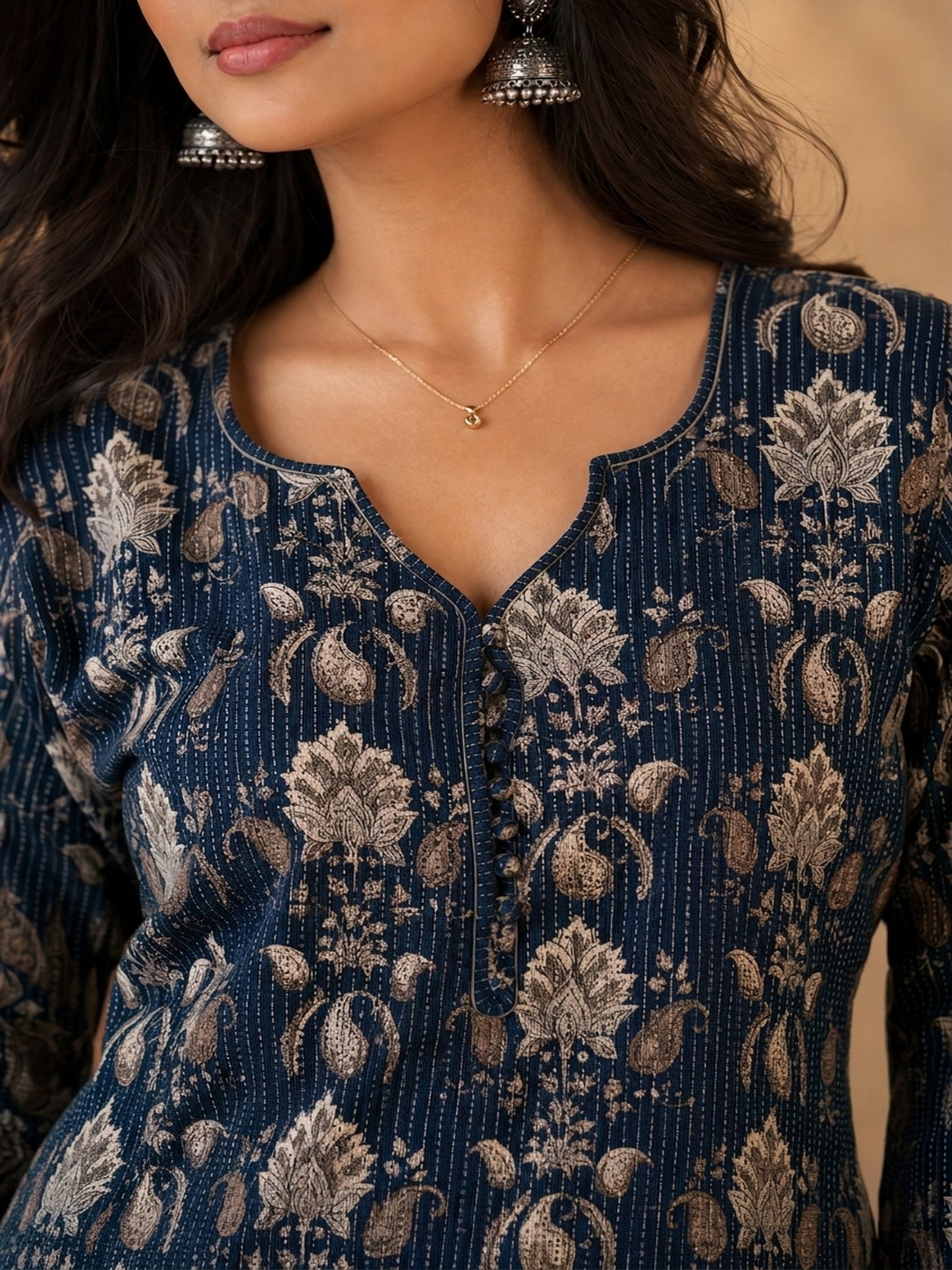 Navy Blue Kantha Printed Cotton Kurta with Asymmetric Neckline & Detailed Sleeves